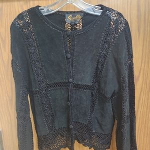 Scully Intricate Black Suede Leather and Crochet details Jacket Size 14 NWOT